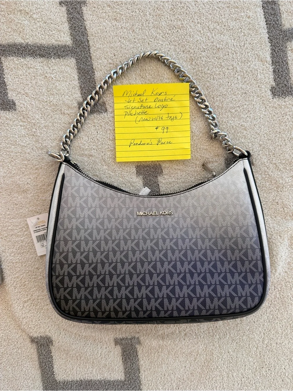 MICHAEL KORS Black to Gray Ombre Logo Shoulder Bag with Silver Chain